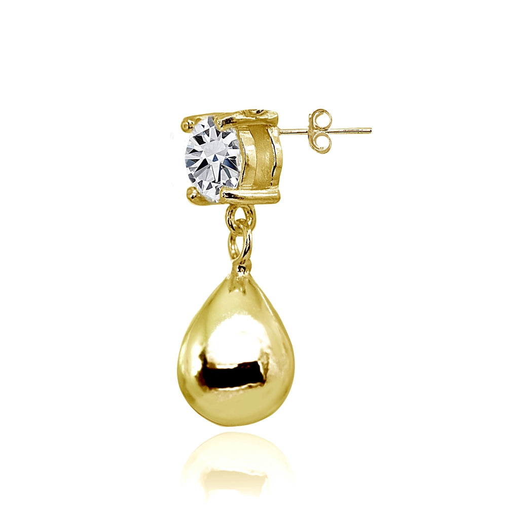 Yellow Gold Flashed Sterling Silver Cubic Zirconia 6mm Dangling Pear-Shape Bead Stud Earrings-2