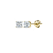 Gold Flash Sterling Silver AAA Cubic Zirconia 3x3mm Princess-Cut Square Stud Earrings