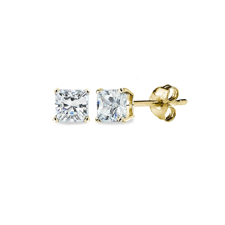 Gold Flash Sterling Silver AAA Cubic Zirconia 4x4mm Princess-Cut Square Stud Earrings