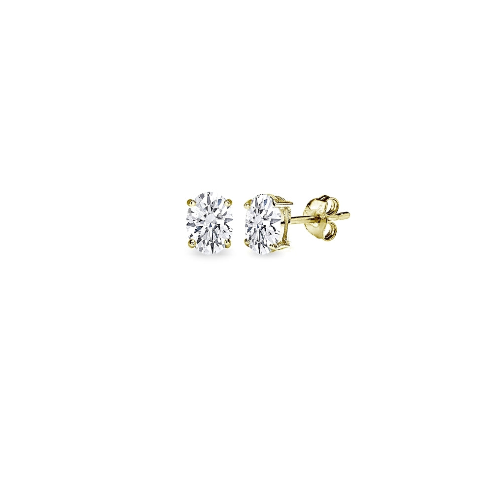 Gold Flash Sterling Silver AAA Cubic Zirconia 5x3mm Oval-Cut Stud Earrings