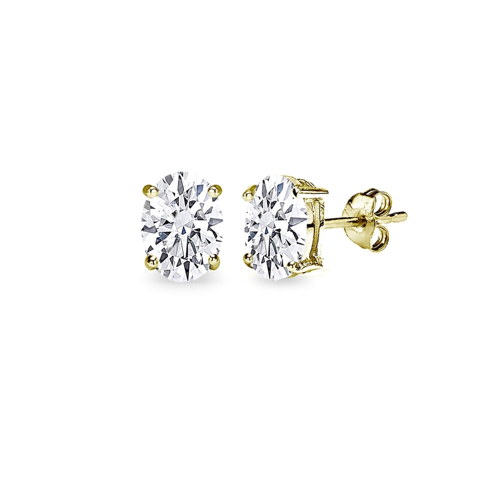 Gold Flash Sterling Silver AAA Cubic Zirconia 6x4mm Oval-Cut Stud Earrings