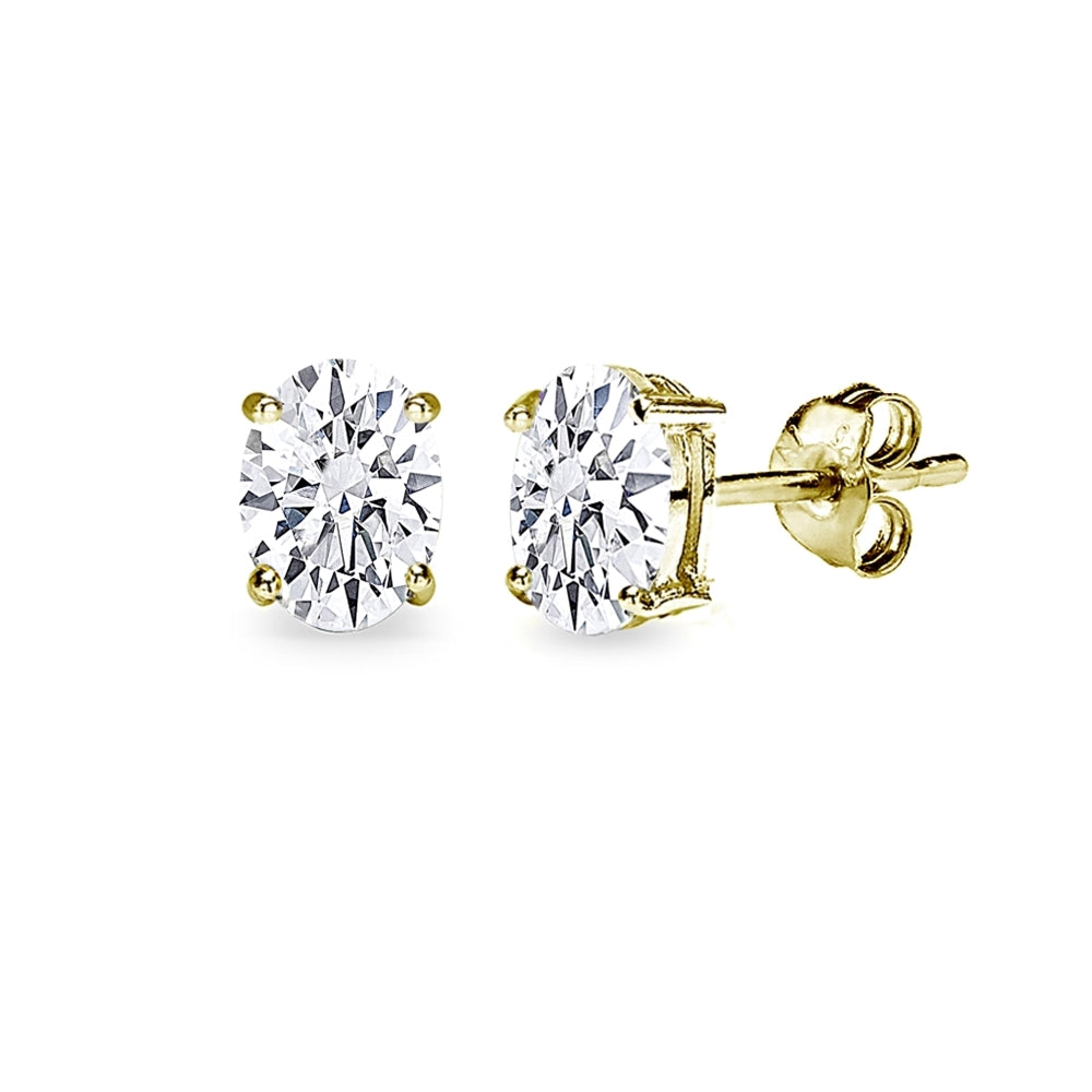 Gold Flash Sterling Silver AAA Cubic Zirconia 7x5mm Oval-Cut Stud Earrings