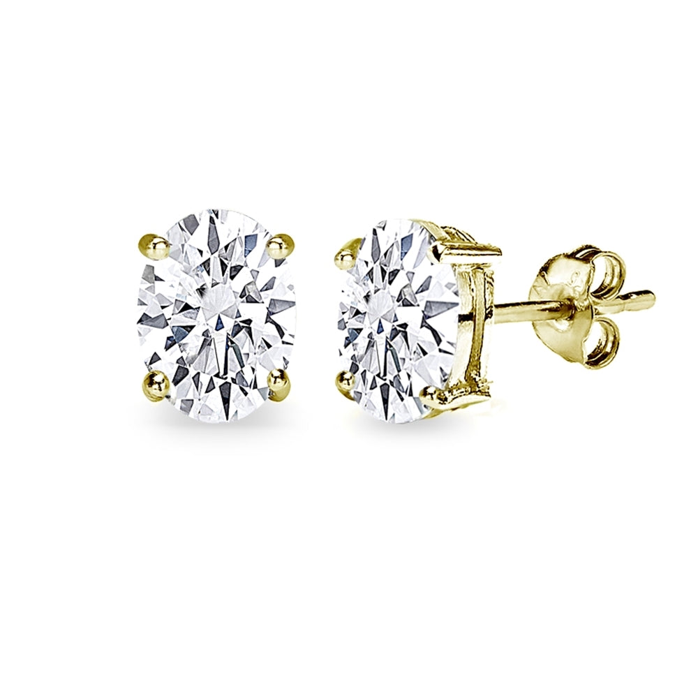 Gold Flash Sterling Silver AAA Cubic Zirconia 8x6mm Oval-Cut Stud Earrings