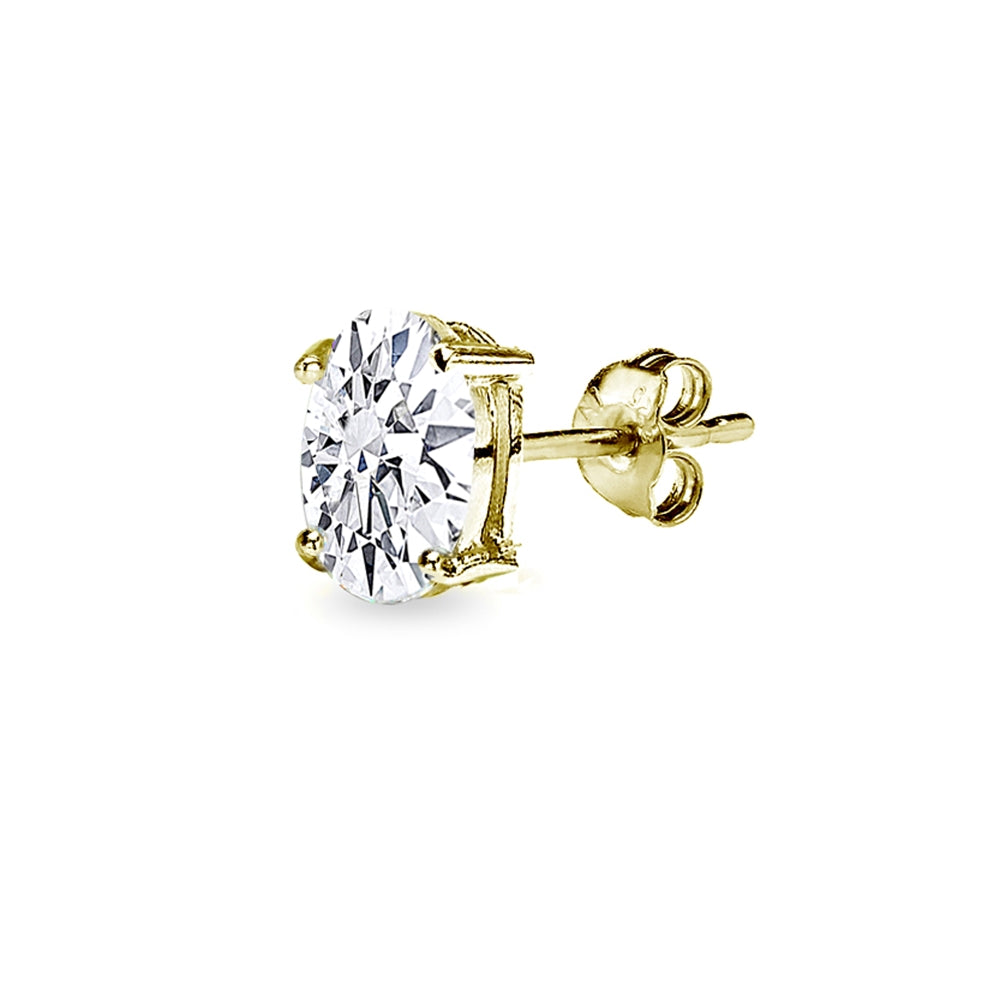 Gold Flash Sterling Silver AAA Cubic Zirconia 8x6mm Oval-Cut Stud Earrings-2