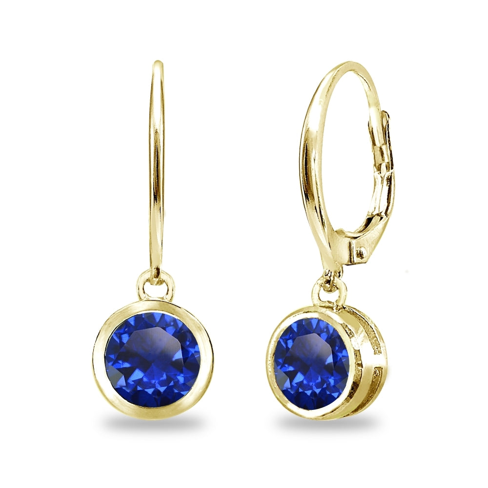 Gold Flash Sterling Silver Created Blue Sapphire 6mm Round Bezel-Set Dangle Leverback Earrings