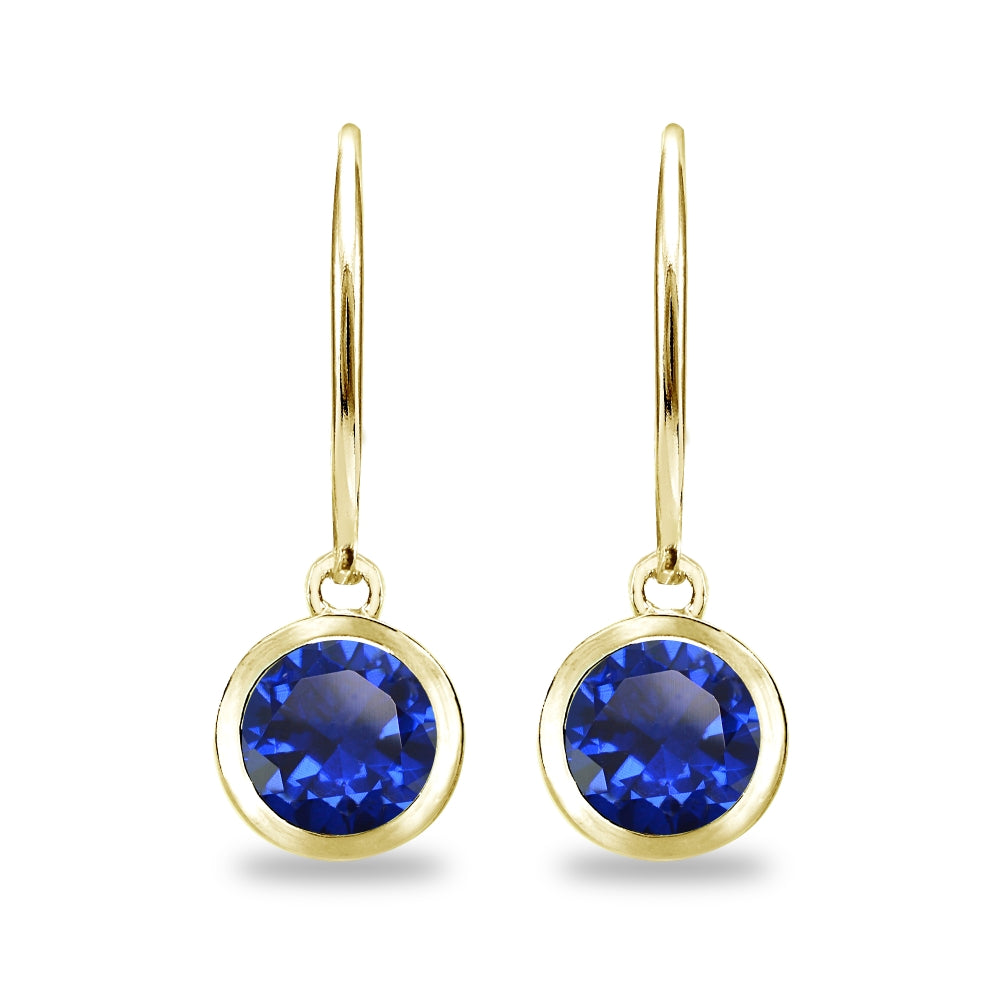 Gold Flash Sterling Silver Created Blue Sapphire 6mm Round Bezel-Set Dangle Leverback Earrings-2