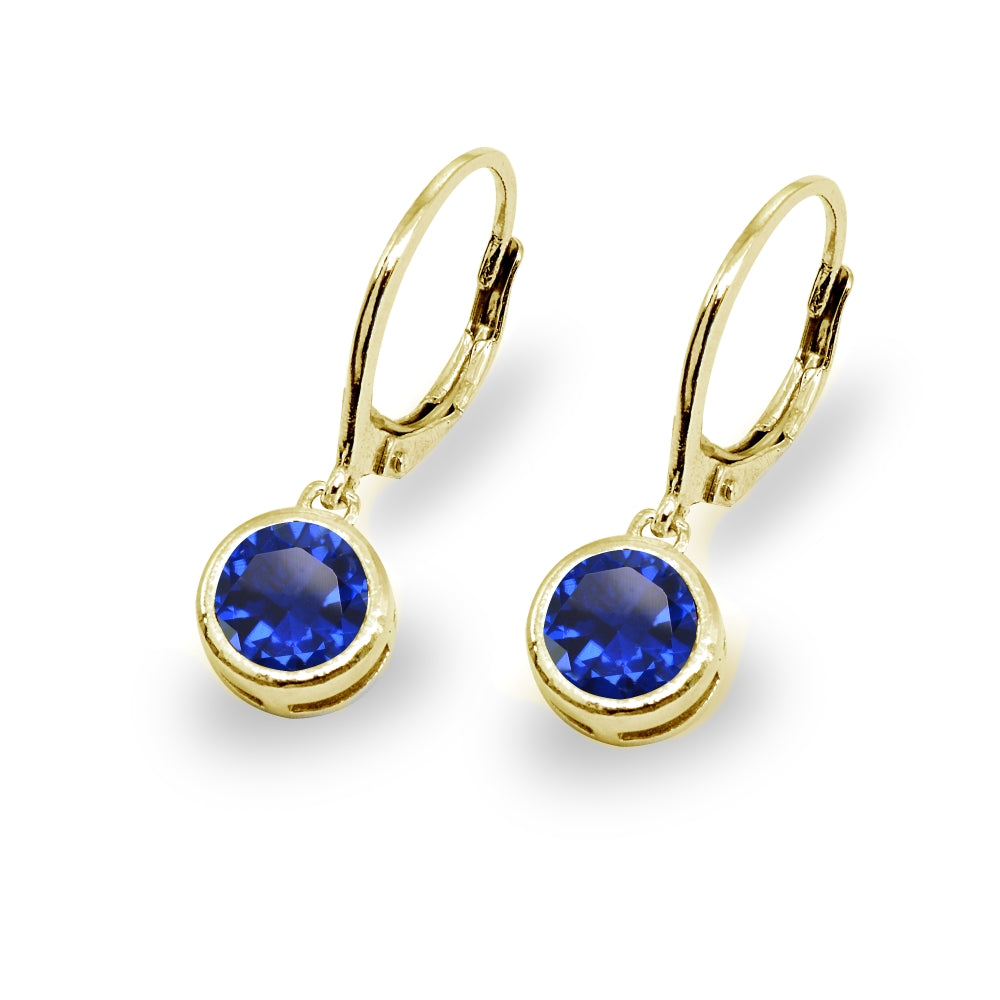Gold Flash Sterling Silver Created Blue Sapphire 6mm Round Bezel-Set Dangle Leverback Earrings-3