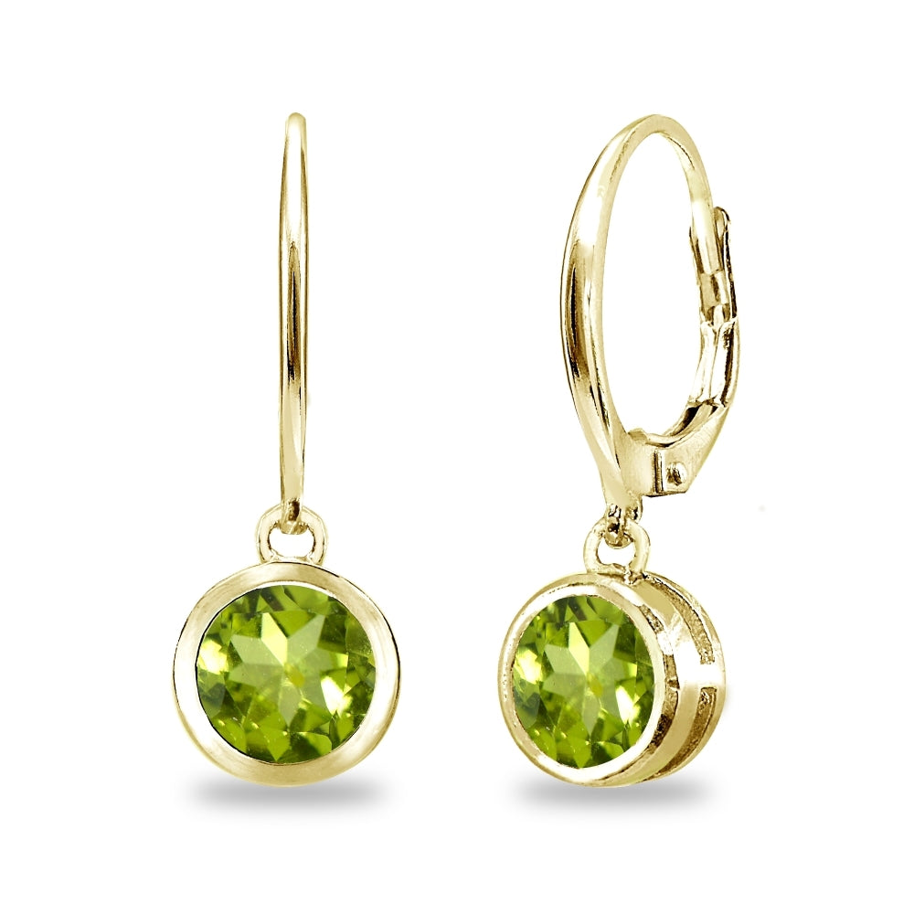 Gold Flash Sterling Silver Peridot 6mm Round Bezel-Set Dangle Leverback Earrings
