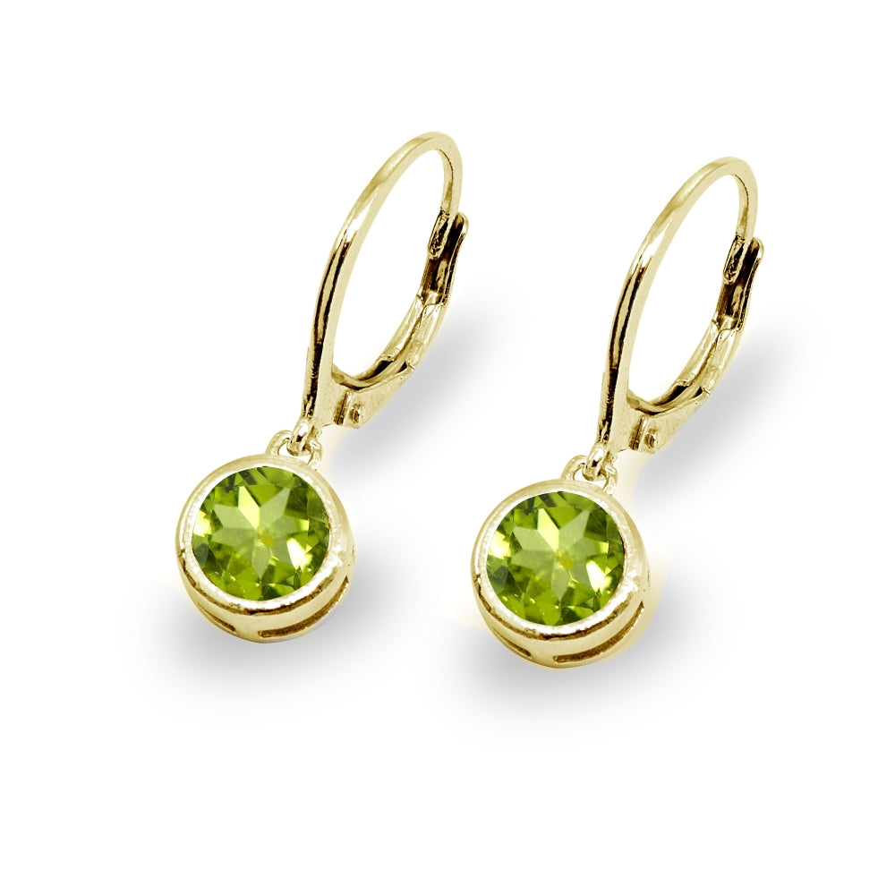 Gold Flash Sterling Silver Peridot 6mm Round Bezel-Set Dangle Leverback Earrings-3