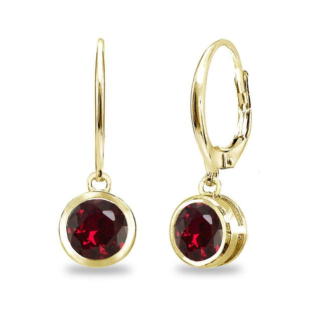 Gold Flash Sterling Silver Created Ruby 6mm Round Bezel-Set Dangle Leverback Earrings