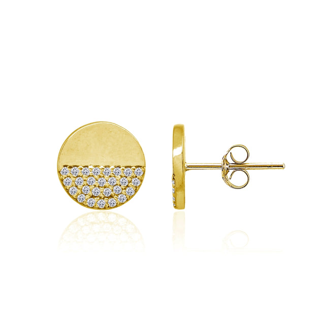 Yellow Gold Flashed Sterling Silver Polished Round Disk Cubic Zirconia Dainty Stud Earrings