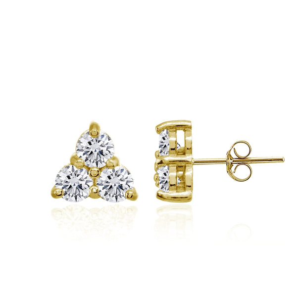 Yellow Gold Flashed Sterling Silver Three Stone Round Cubic Zirconia Cluster Triangle Stud Earrings