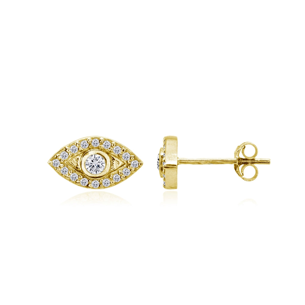 Yellow Gold Flashed Sterling Silver Evil Eye Round Bezel-Set Cubic Zirconia Dainty Stud Earrings