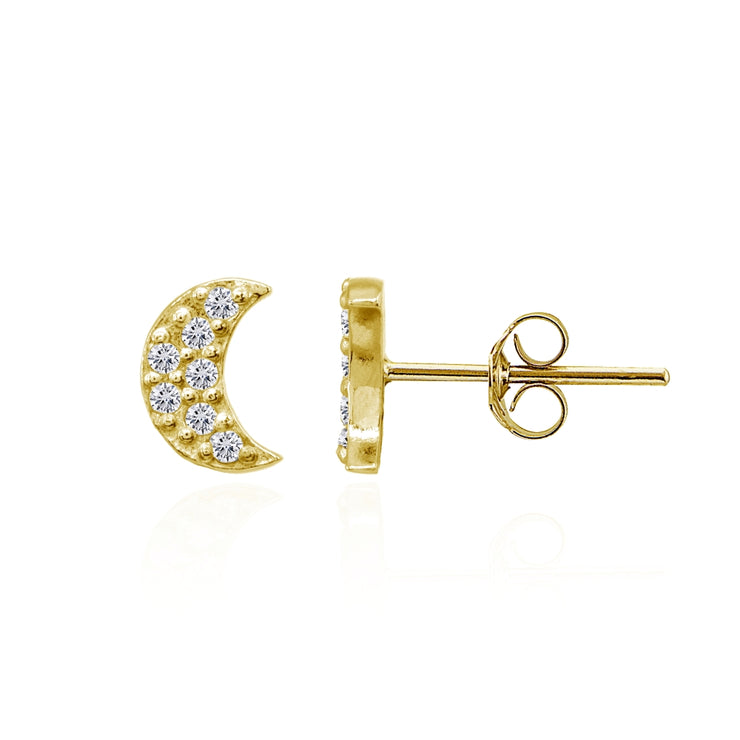Yellow Gold Flashed Sterling Silver Crescent Moon Cubic Zirconia Dainty Stud Earrings