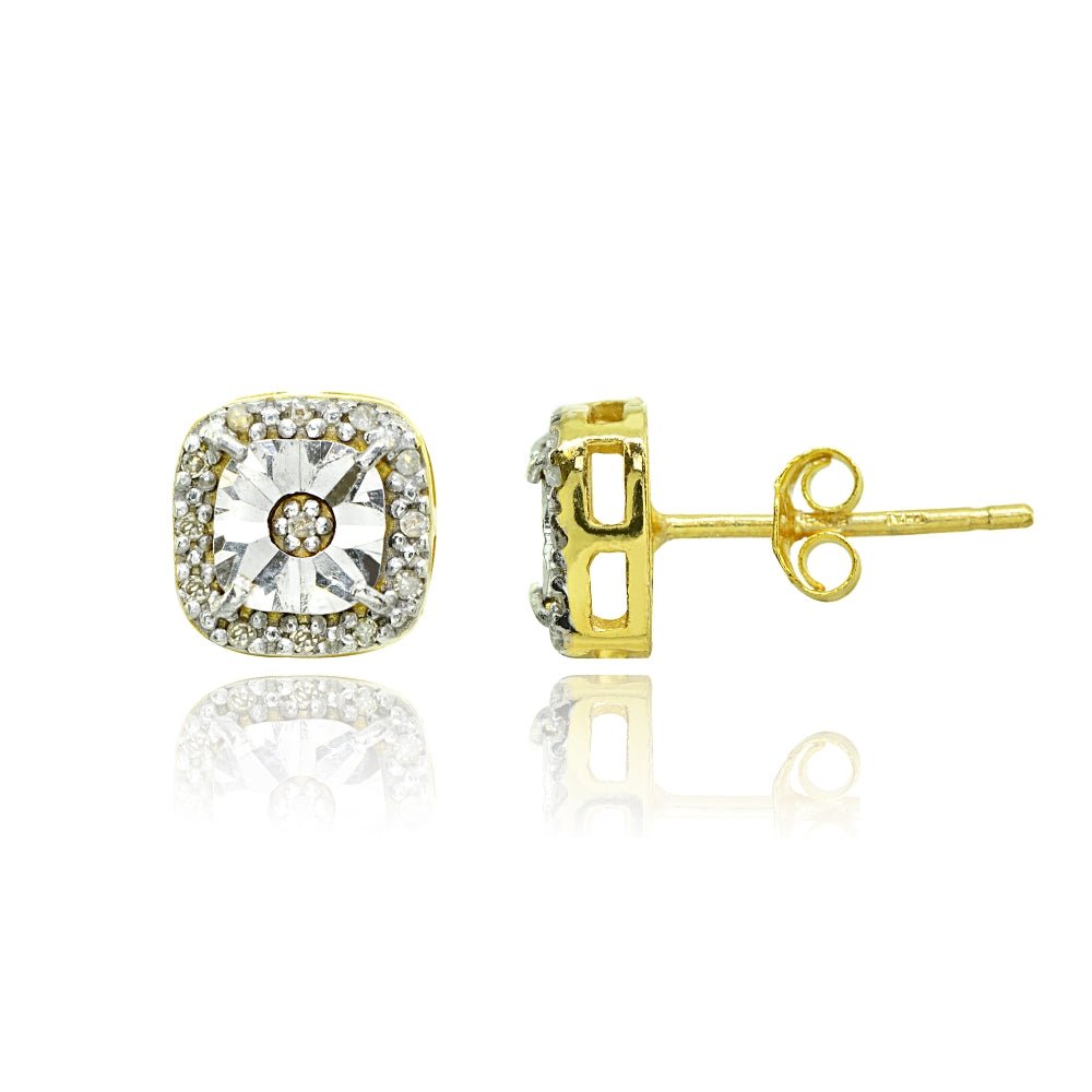 Yellow Gold Flashed Sterling Silver Polished Halo Square Cushion Diamond Accent Stud Earrings, JK-I3