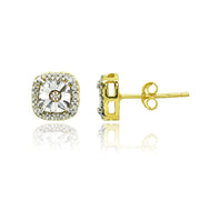 Yellow Gold Flashed Sterling Silver Polished Halo Square Cushion Diamond Accent Stud Earrings, JK-I3
