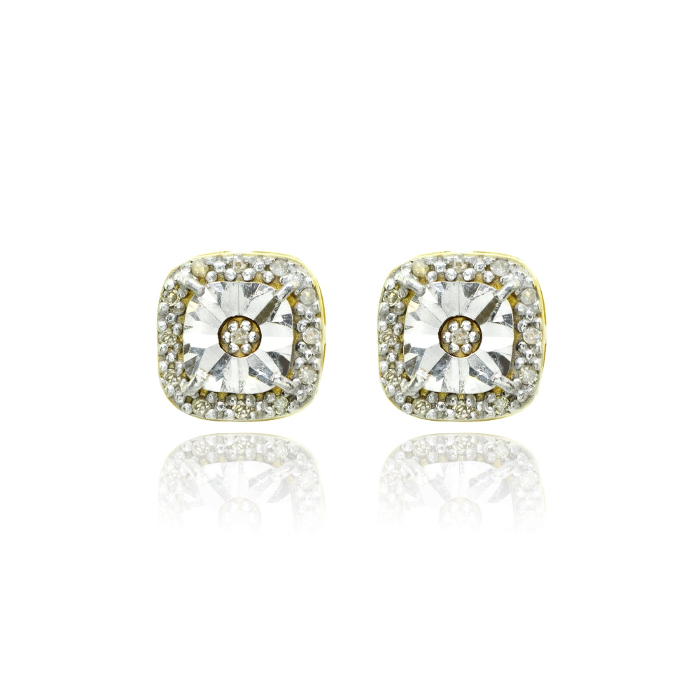 Yellow Gold Flashed Sterling Silver Polished Halo Square Cushion Diamond Accent Stud Earrings, JK-I3-2