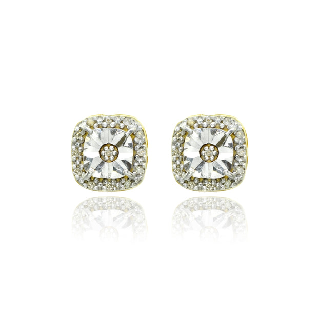 Yellow Gold Flashed Sterling Silver Polished Halo Square Cushion Diamond Accent Stud Earrings, JK-I3