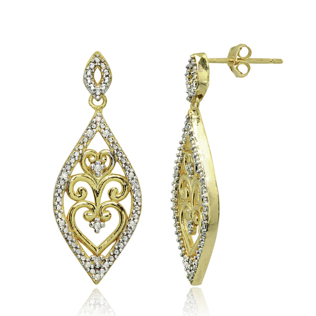 Yellow Gold Flashed Sterling Silver Polished Filigree Diamond Accent Statement Chandelier Drop Dangle Earrings, JK-I3