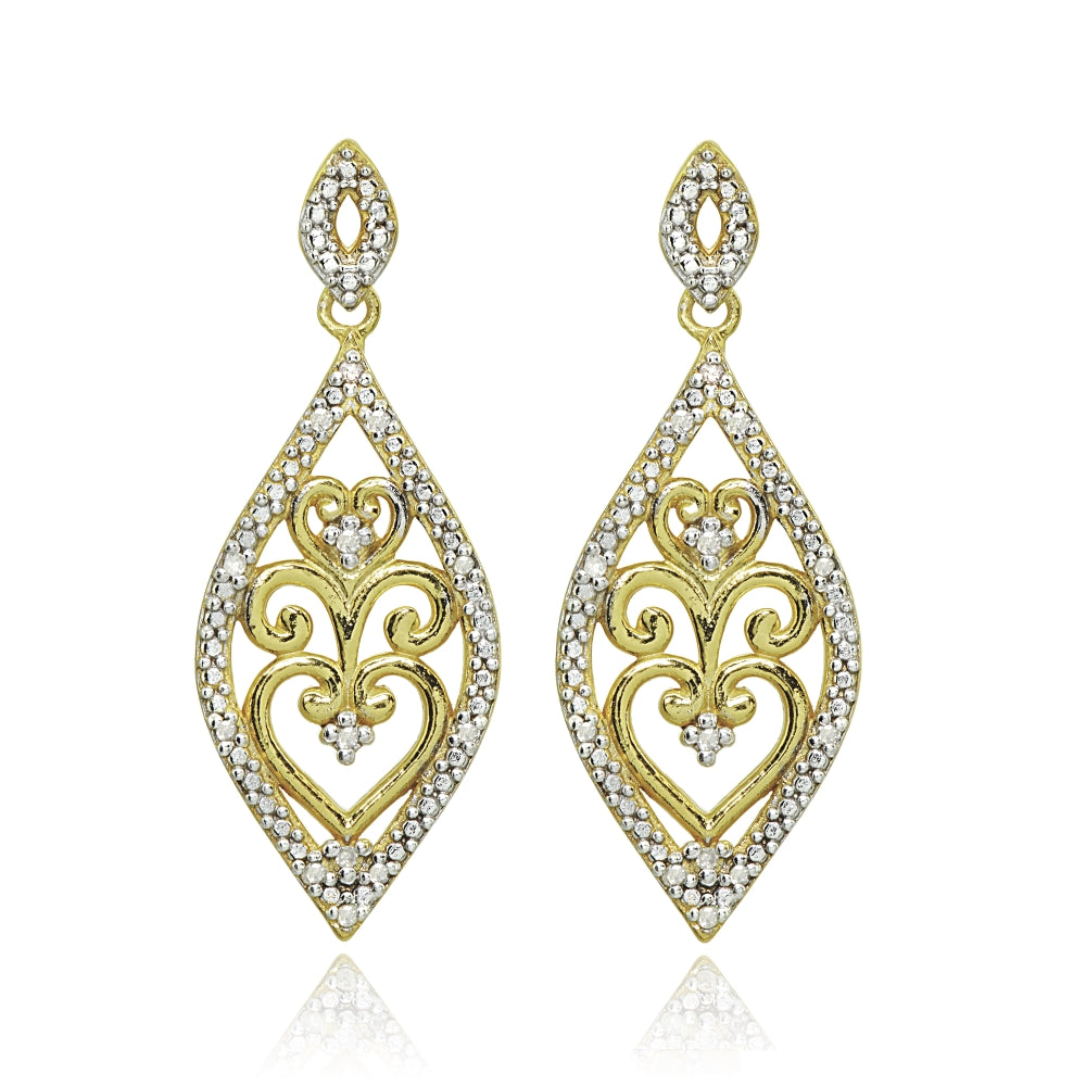 Yellow Gold Flashed Sterling Silver Polished Filigree Diamond Accent Statement Chandelier Drop Dangle Earrings, JK-I3-2
