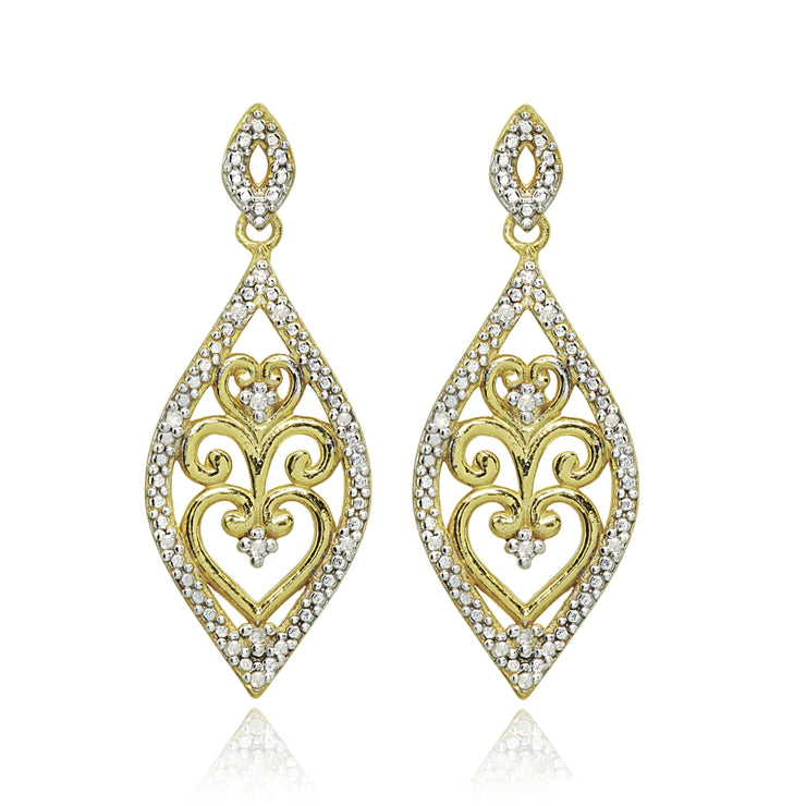 Yellow Gold Flashed Sterling Silver Polished Filigree Diamond Accent Statement Chandelier Drop Dangle Earrings, JK-I3
