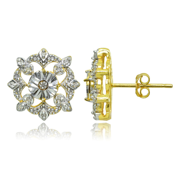 Yellow Gold Flashed Sterling Silver Polished Snowflake Diamond Accent Stud Earrings, JK-I3