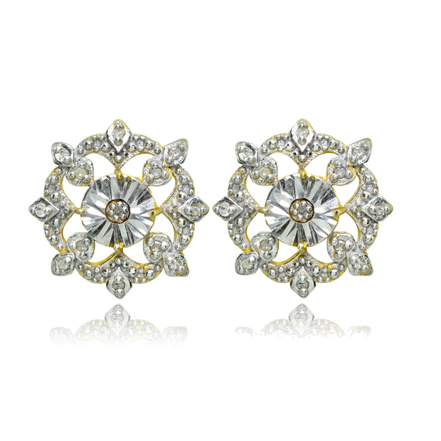 Yellow Gold Flashed Sterling Silver Polished Snowflake Diamond Accent Stud Earrings, JK-I3
