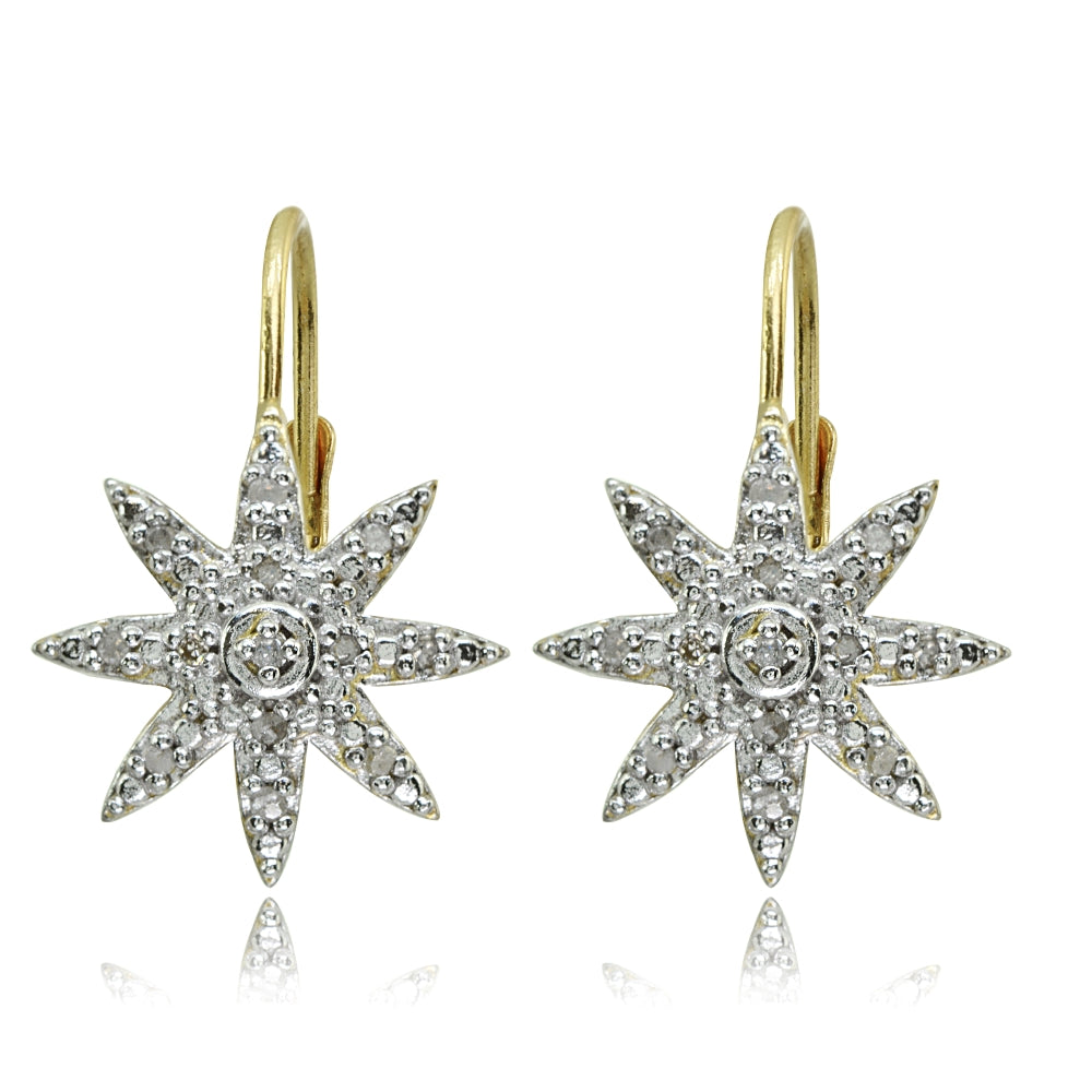 Yellow Gold Flashed Sterling Silver Polished Snowflake Star Diamond Accent Leverback Earrings, JK-I3-2