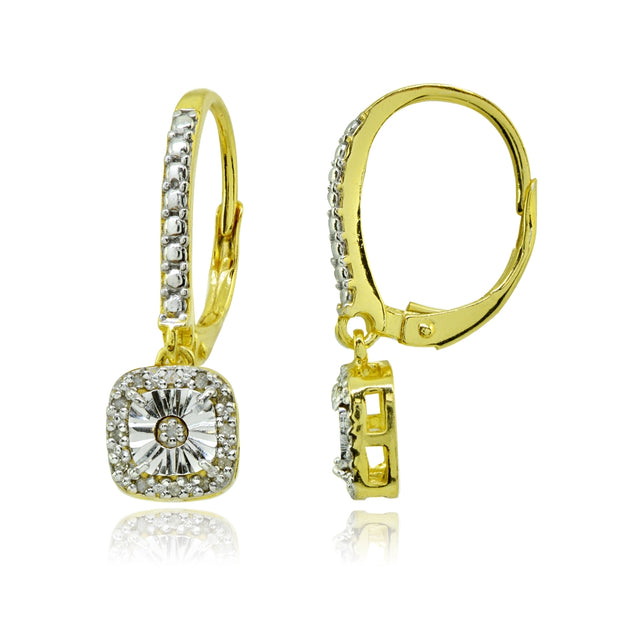 Yellow Gold Flashed Sterling Silver Polished Square Cushion Diamond Accent Leverback Earrings, JK-I3