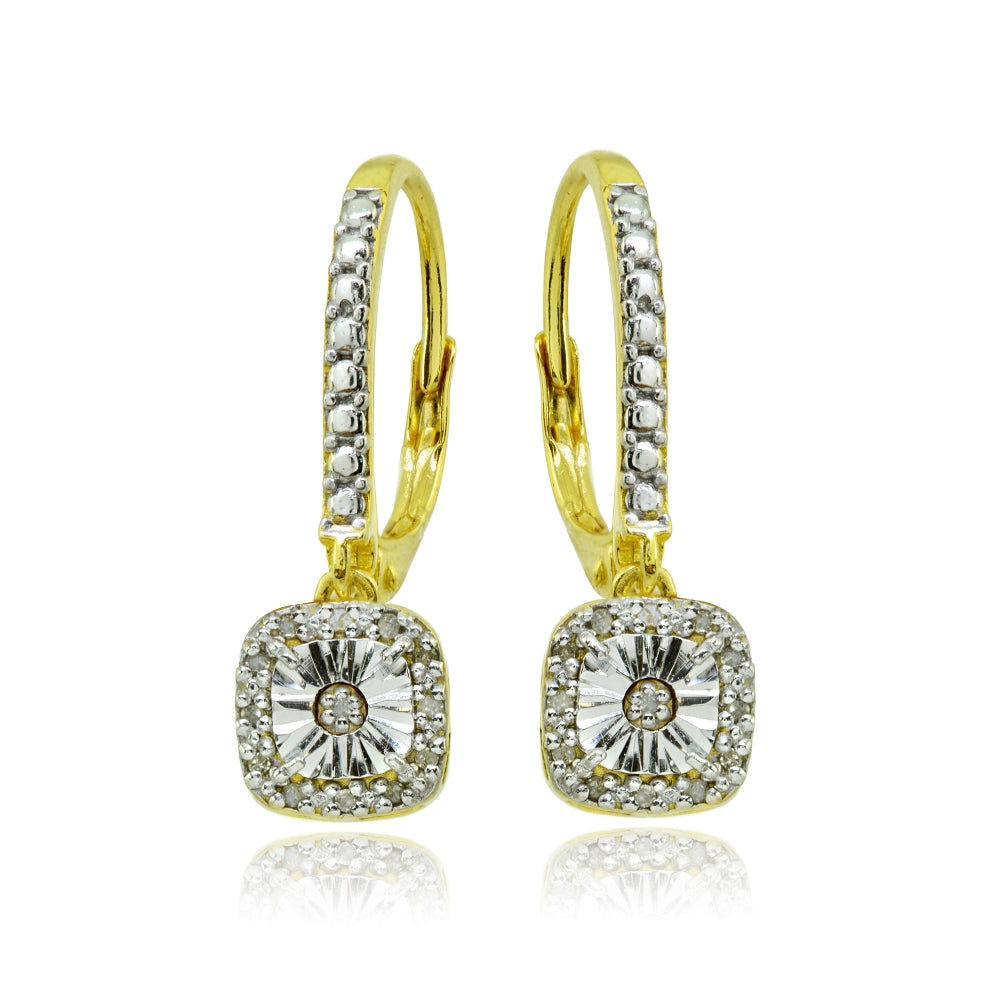 Yellow Gold Flashed Sterling Silver Polished Square Cushion Diamond Accent Leverback Earrings, JK-I3-2