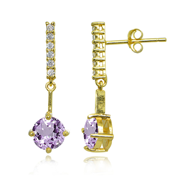Yellow Gold Flashed Sterling Silver Amethyst & White Topaz Round Encrusted Bar Dangle Drop Earrings