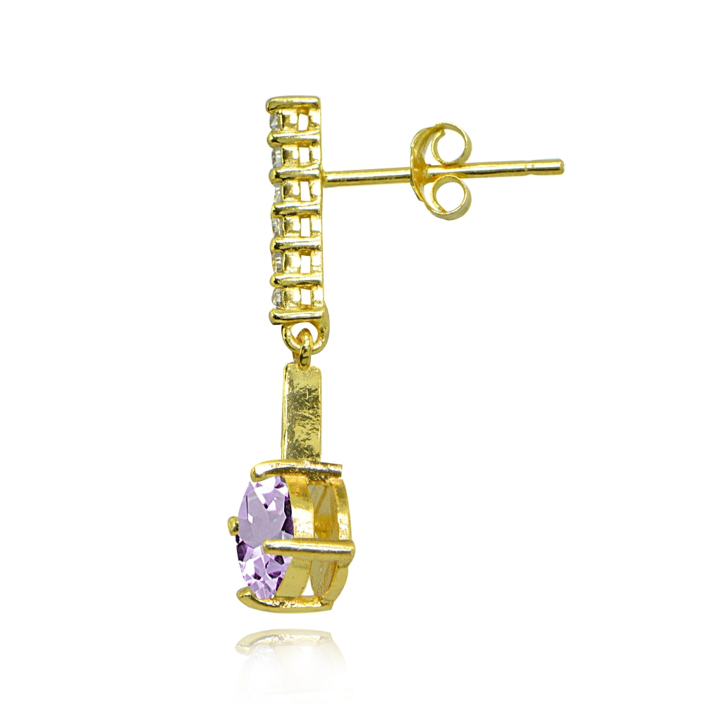 Yellow Gold Flashed Sterling Silver Amethyst & White Topaz Round Encrusted Bar Dangle Drop Earrings-2