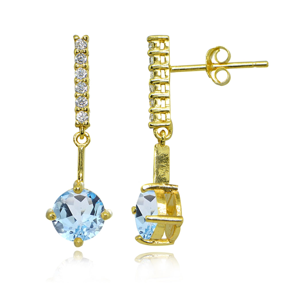 Yellow Gold Flashed Sterling Silver Blue & White Topaz Round Encrusted Bar Dangle Drop Earrings