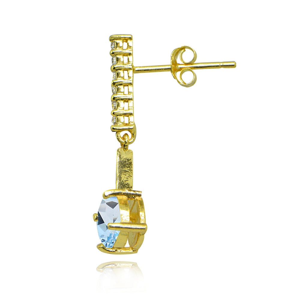 Yellow Gold Flashed Sterling Silver Blue & White Topaz Round Encrusted Bar Dangle Drop Earrings-2