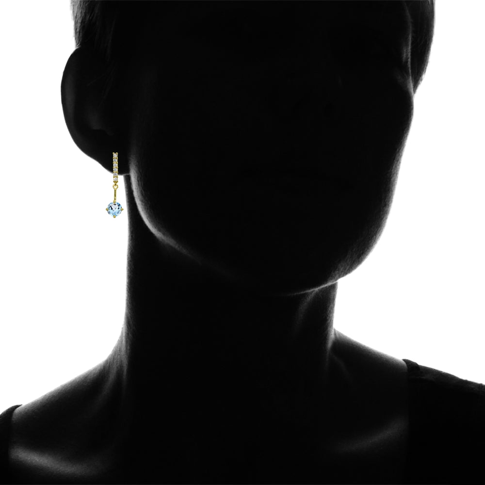 Yellow Gold Flashed Sterling Silver Blue & White Topaz Round Encrusted Bar Dangle Drop Earrings-3