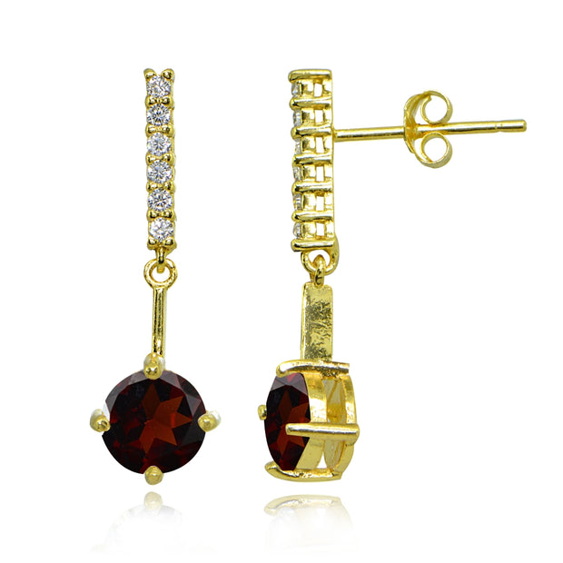 Yellow Gold Flashed Sterling Silver Garnet & White Topaz Round Encrusted Bar Dangle Drop Earrings