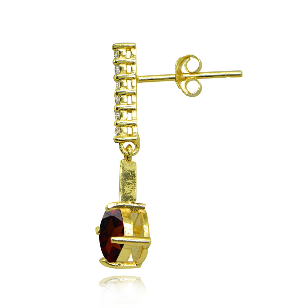 Yellow Gold Flashed Sterling Silver Garnet & White Topaz Round Encrusted Bar Dangle Drop Earrings-2