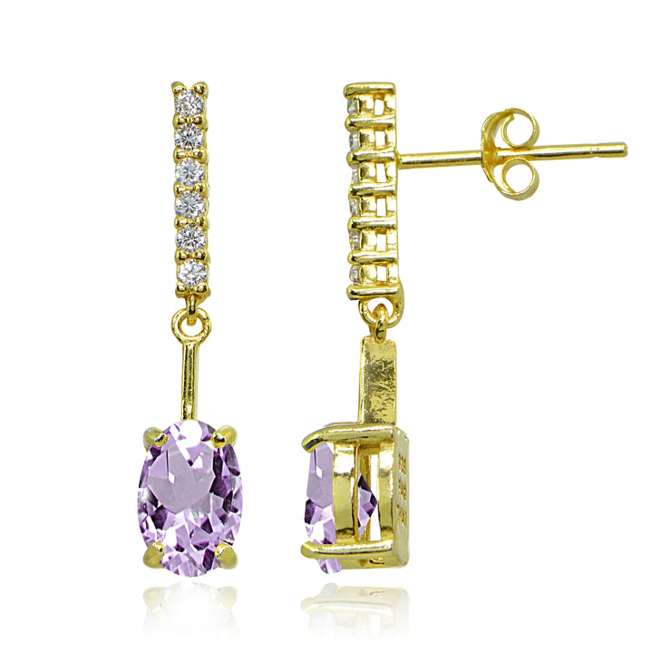 Yellow Gold Flashed Sterling Silver Amethyst & White Topaz Oval Encrusted Bar Dangle Drop Earrings