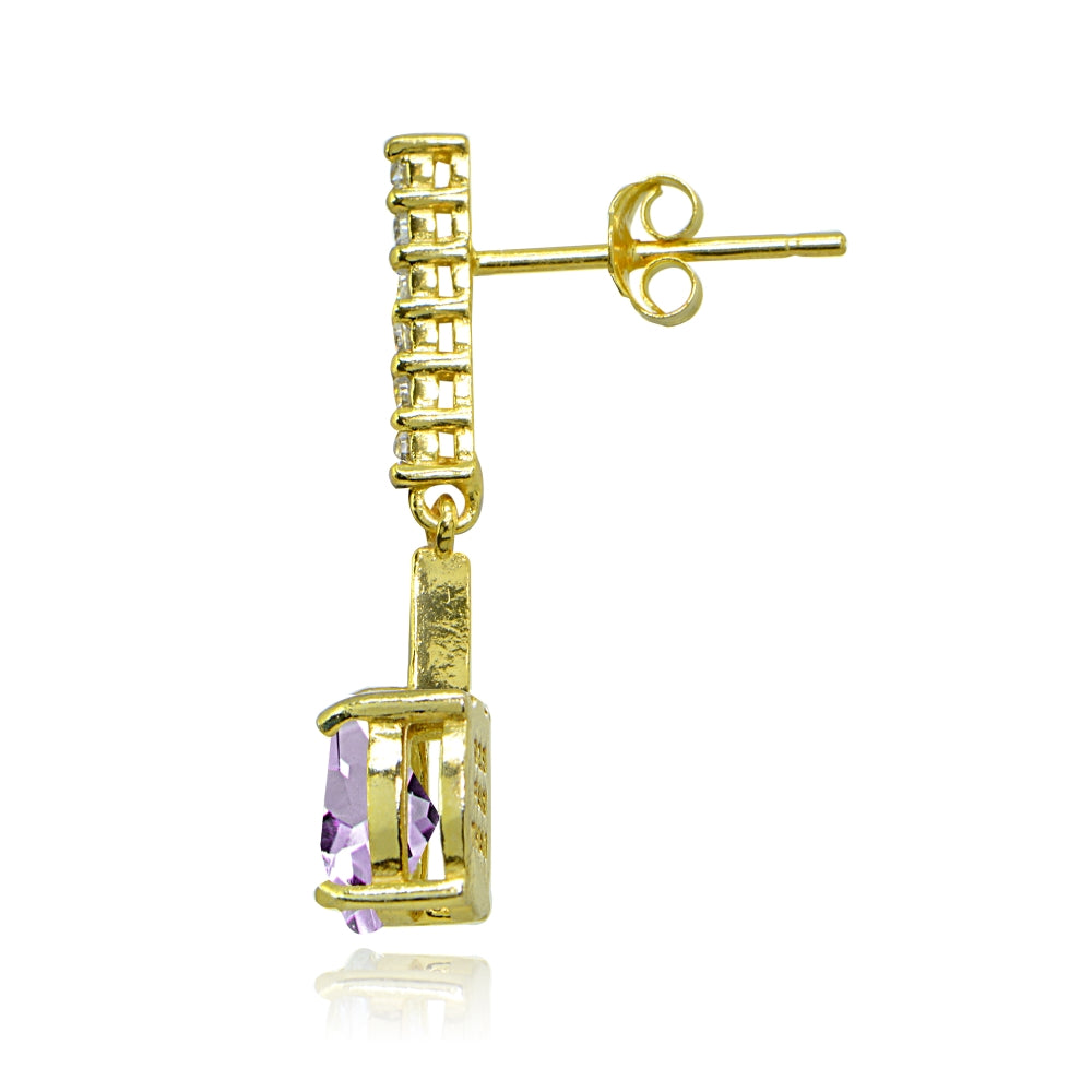 Yellow Gold Flashed Sterling Silver Amethyst & White Topaz Oval Encrusted Bar Dangle Drop Earrings-2