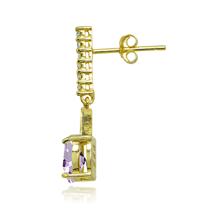 Yellow Gold Flashed Sterling Silver Amethyst & White Topaz Oval Encrusted Bar Dangle Drop Earrings