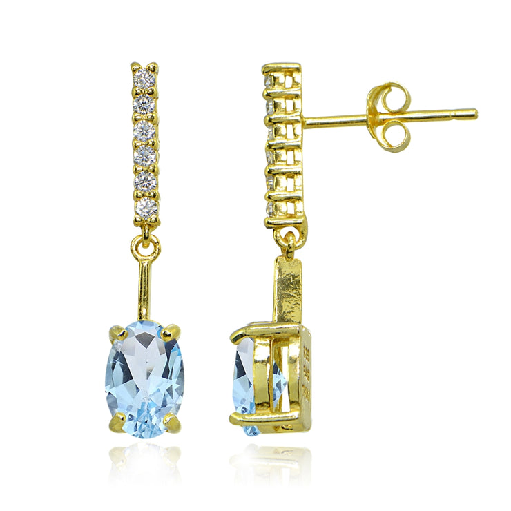 Yellow Gold Flashed Sterling Silver Blue & White Topaz Oval Encrusted Bar Dangle Drop Earrings