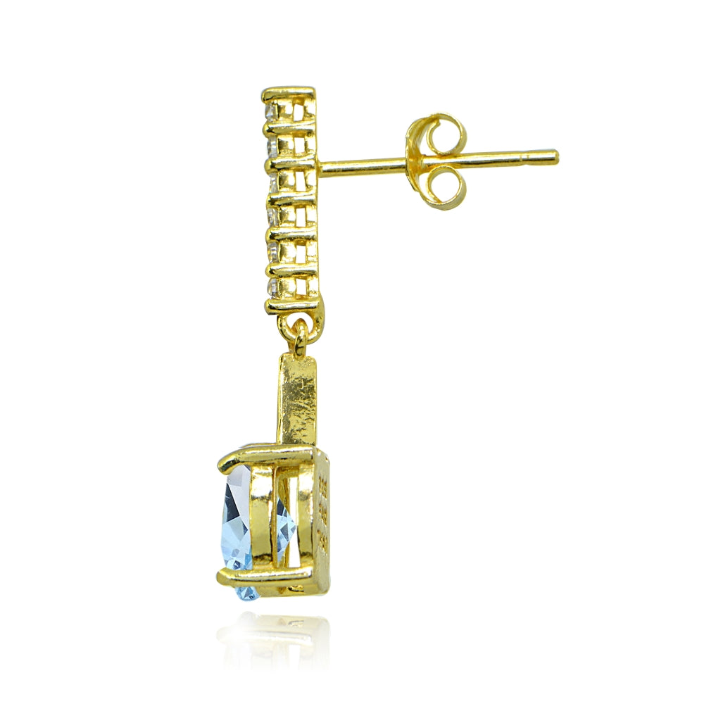 Yellow Gold Flashed Sterling Silver Blue & White Topaz Oval Encrusted Bar Dangle Drop Earrings-2