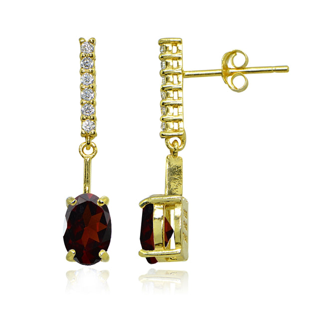 Yellow Gold Flashed Sterling Silver Garnet & White Topaz Oval Encrusted Bar Dangle Drop Earrings