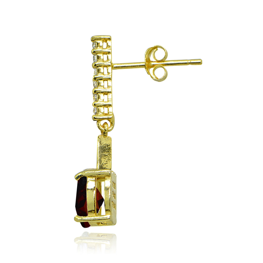 Yellow Gold Flashed Sterling Silver Garnet & White Topaz Oval Encrusted Bar Dangle Drop Earrings-2