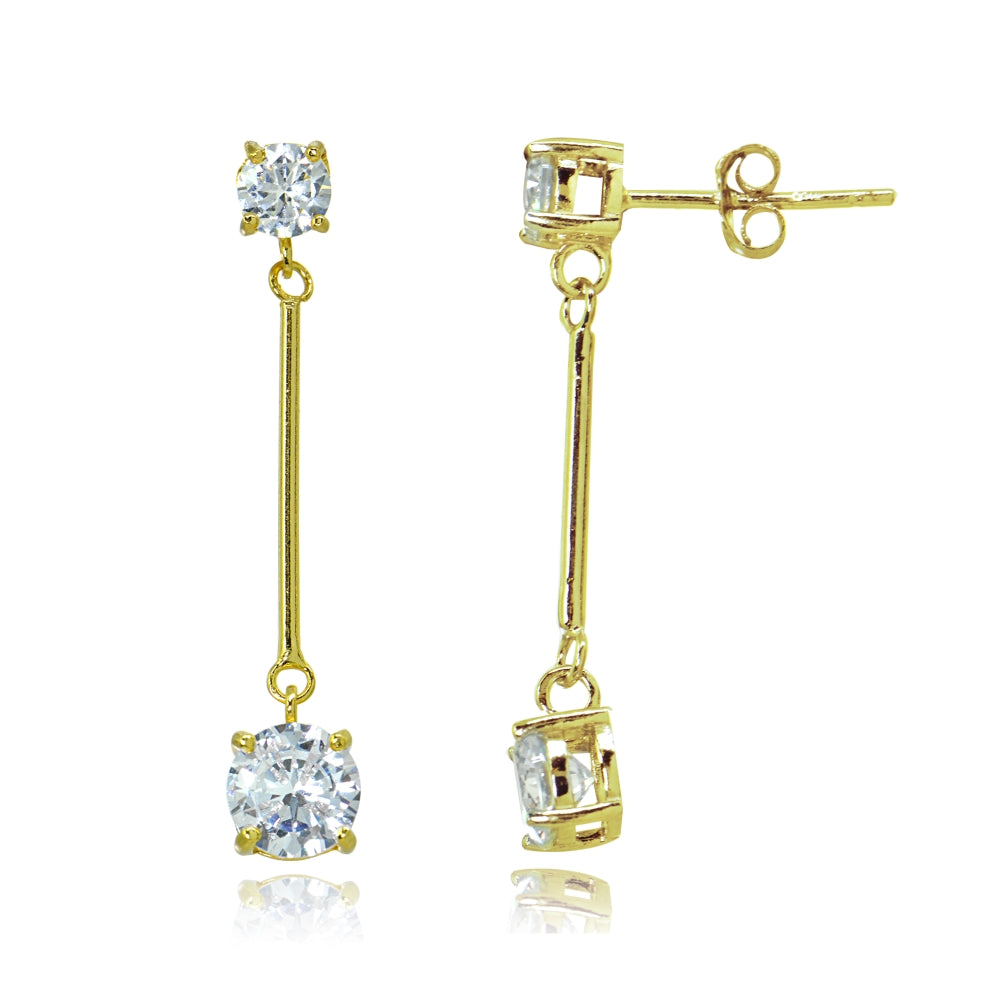 Yellow Gold Flashed Sterling Silver Cubic Zirconia Round Statement Bar Dangle Drop Earrings