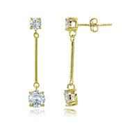 Yellow Gold Flashed Sterling Silver Cubic Zirconia Round Statement Bar Dangle Drop Earrings