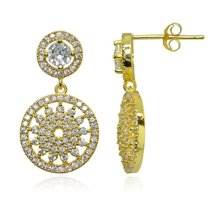 Yellow Gold Flashed Sterling Silver Polished Cubic Zirconia Round Medallion Cluster Dangle Drop Earrings