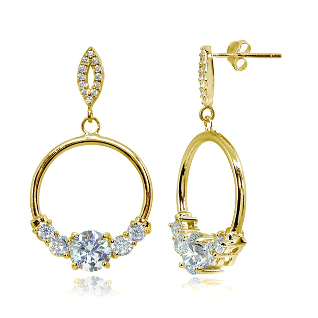Yellow Gold Flashed Sterling Silver Cubic Zirconia Round Frontal Hoop Dangle Drop Earrings