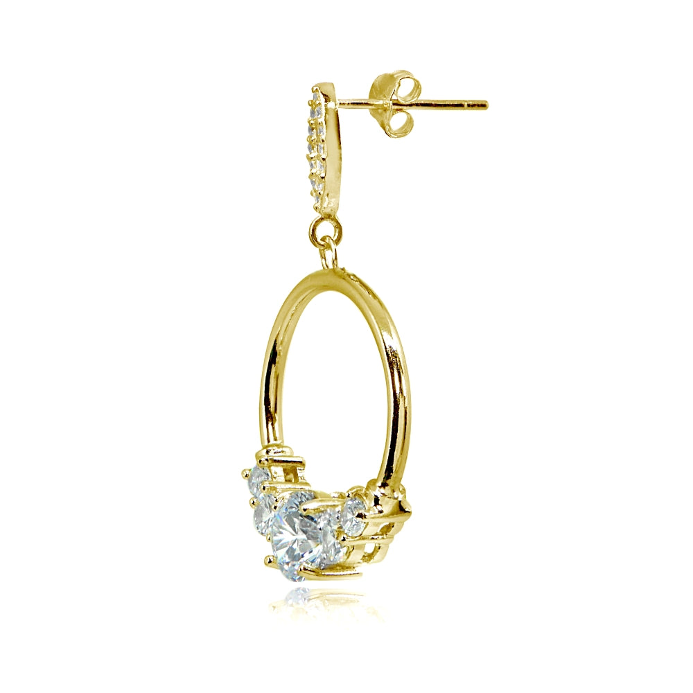 Yellow Gold Flashed Sterling Silver Cubic Zirconia Round Frontal Hoop Dangle Drop Earrings-2