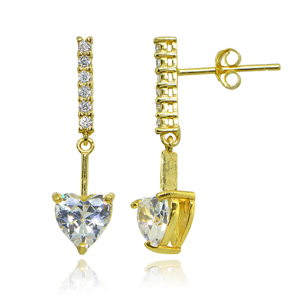 Yellow Gold Flashed Sterling Silver Cubic Zirconia Heart Encrusted Bar Statement Dangle Drop Earrings